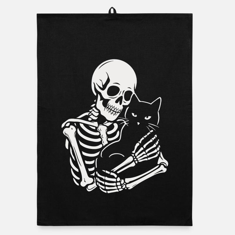 Skelett streichelt schwarze Katze - Organic Geschirrtuch - Schwarz