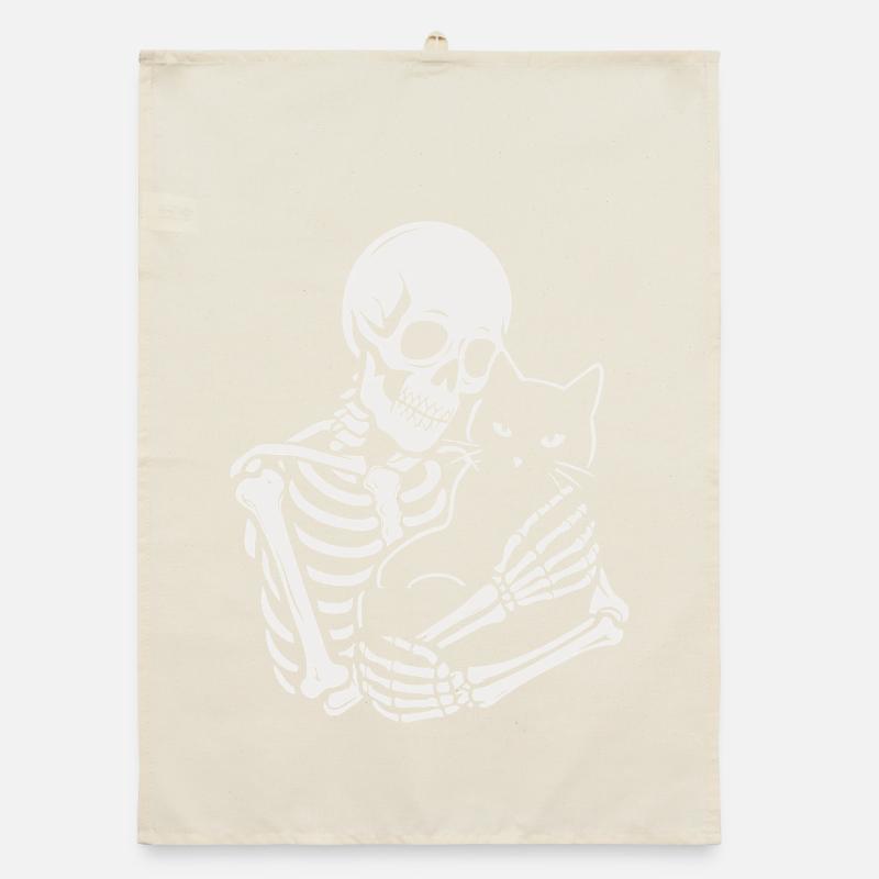 Skeleton stroking black cat Organic dish towel