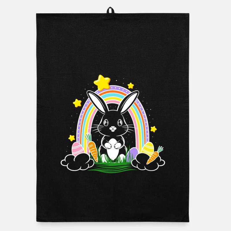Lapin de Pâques avec arc-en-ciel et œufs de Pâques Torchon bio