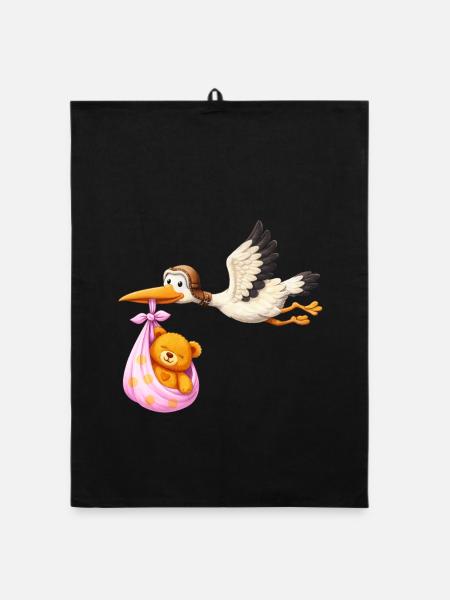 Baby Mädchen Storch mit Teddy im Tuch Geschenk - Organic Geschirrtuch - Schwarz - Vorne