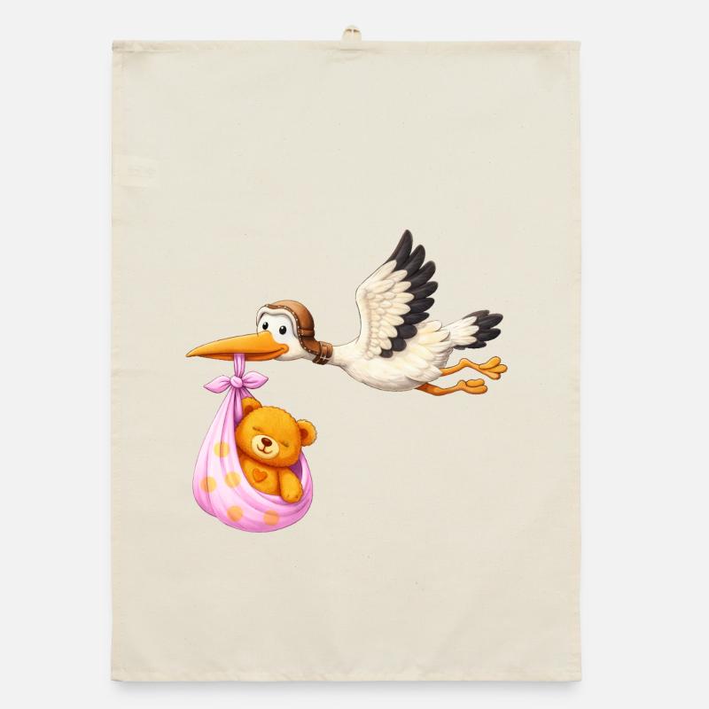 Baby Mädchen Storch mit Teddy im Tuch Geschenk Organic Geschirrtuch