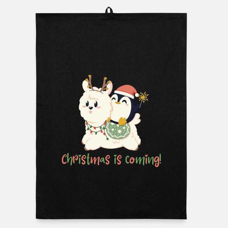 Alpaca and penguin ring in Christmas Organic dish towel