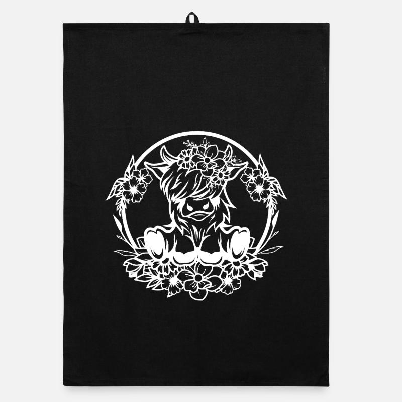Florale Highland Cow Silhouette - Organic Geschirrtuch - Schwarz