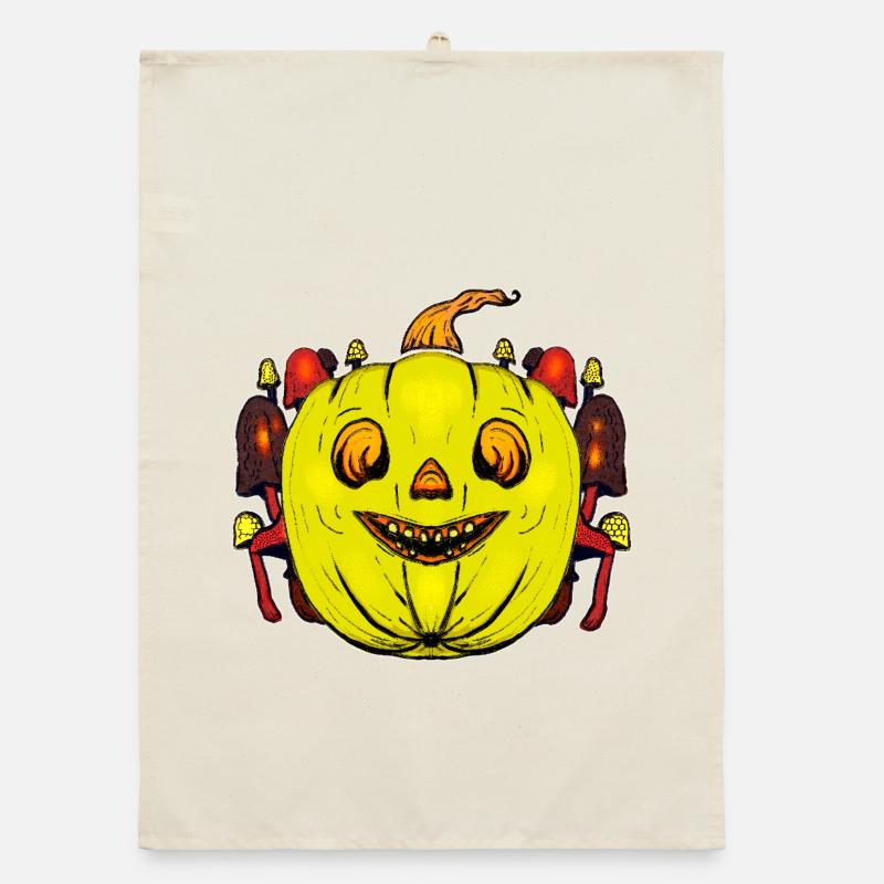 Grinning pumpkin with mushroom frame Organic dish towel