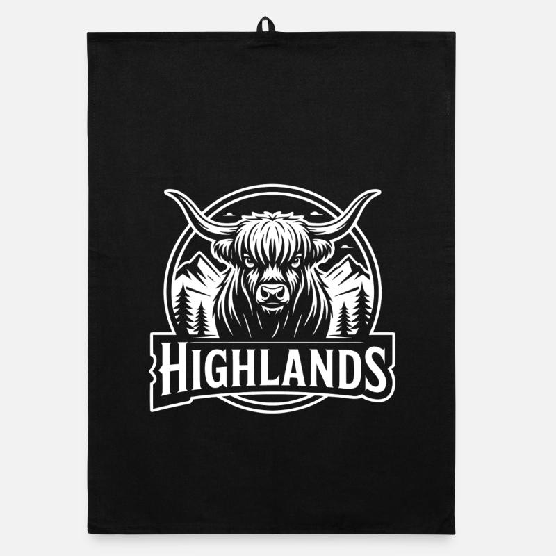 Highlands cow mountain landscape Organic dish towel