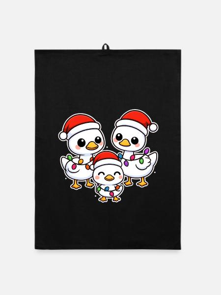 Santa Duck Trio mit Weihnachtsbeleuchtung - Organic Geschirrtuch - Schwarz - Vorne