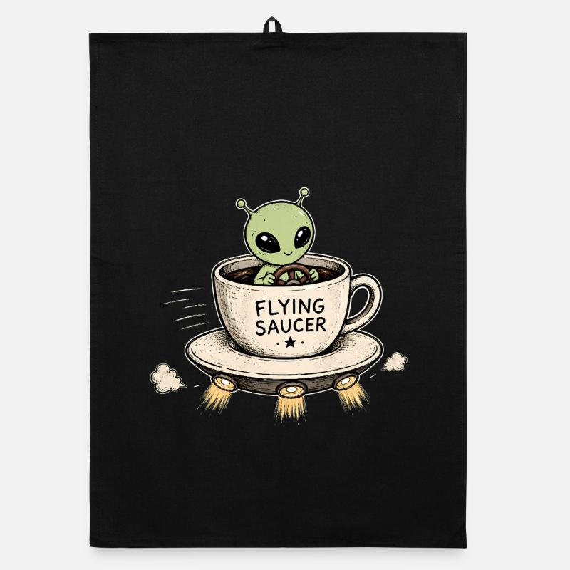 Extraterrestre mignon dans une tasse à café soucoupe volante Torchon bio