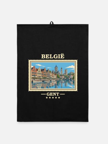 Belgien Gent Vintage Reisemarke - Organic Geschirrtuch - Schwarz - Vorne
