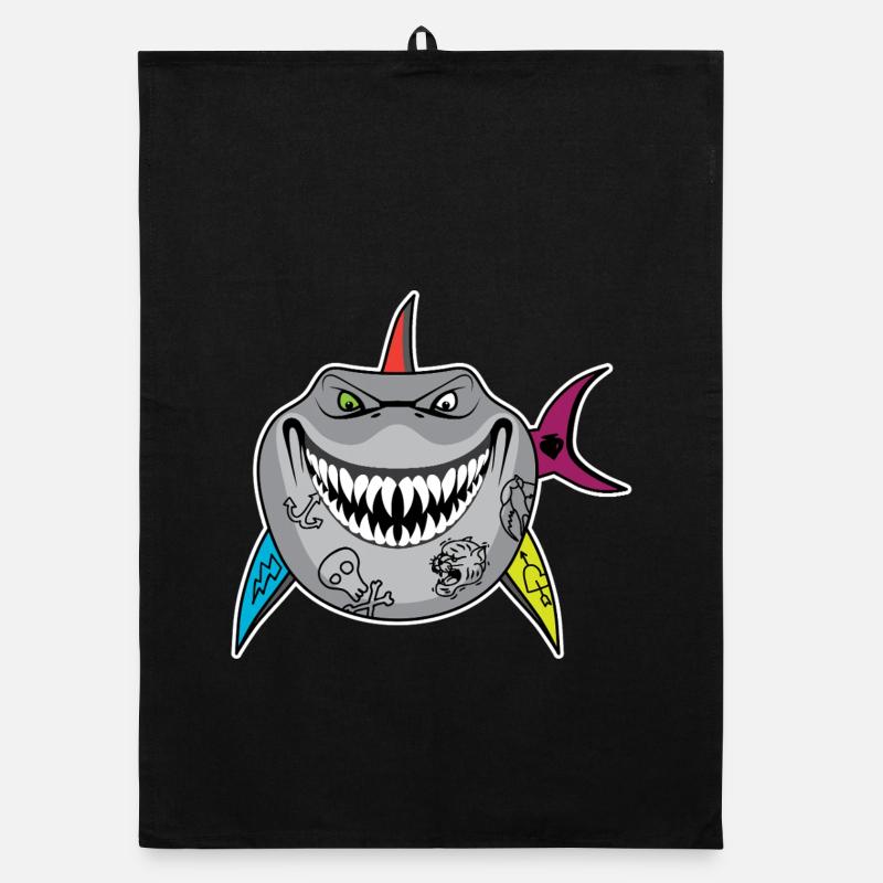 Dessin animé de requin tatoué avec des nageoires de crâne - Torchon bio - noir