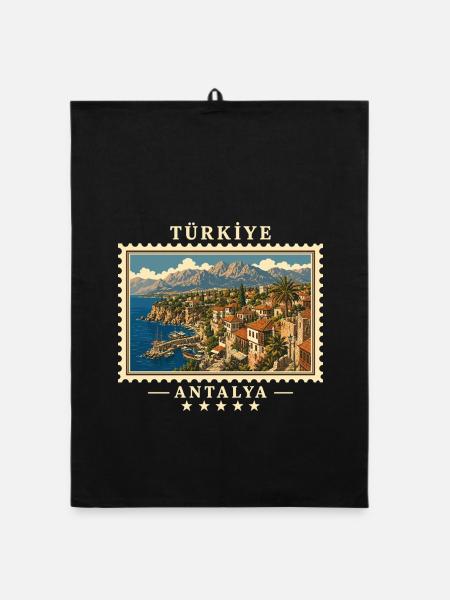 Türkiye Antalya Vintage Reisemarke - Organic Geschirrtuch - Schwarz - Vorne
