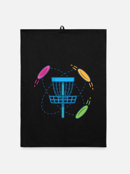Disc Golf Basket and Flying Discs Scene - Organic dish towel - black - Front