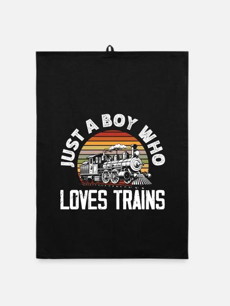 Only A Boy Who Loves Trains Retro Vintage - Organic dish towel - black - Front