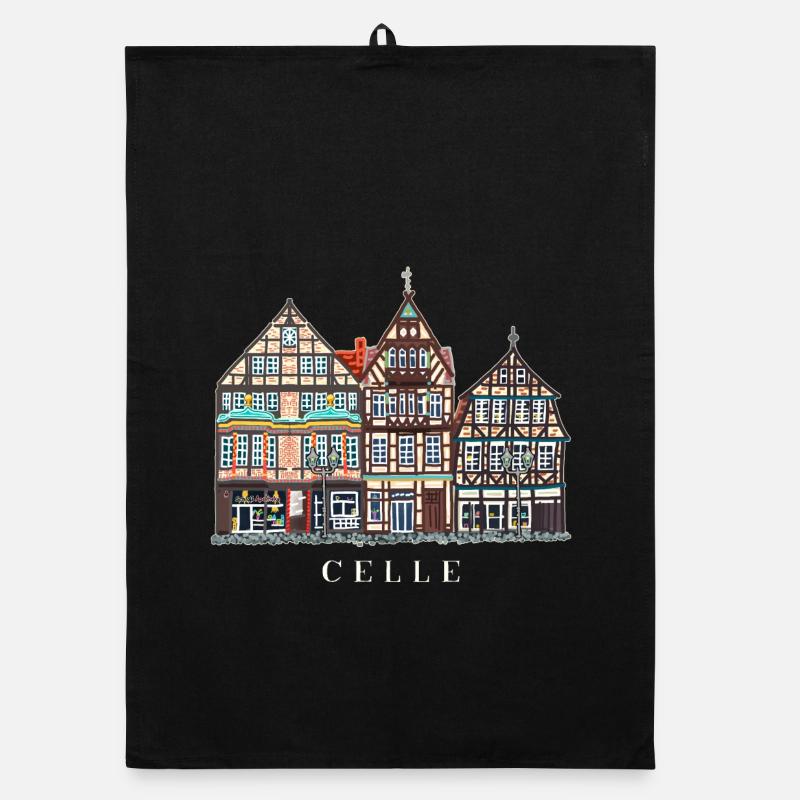 Celle, Hand Drawing Facades Old Town Germany Organic dish towel