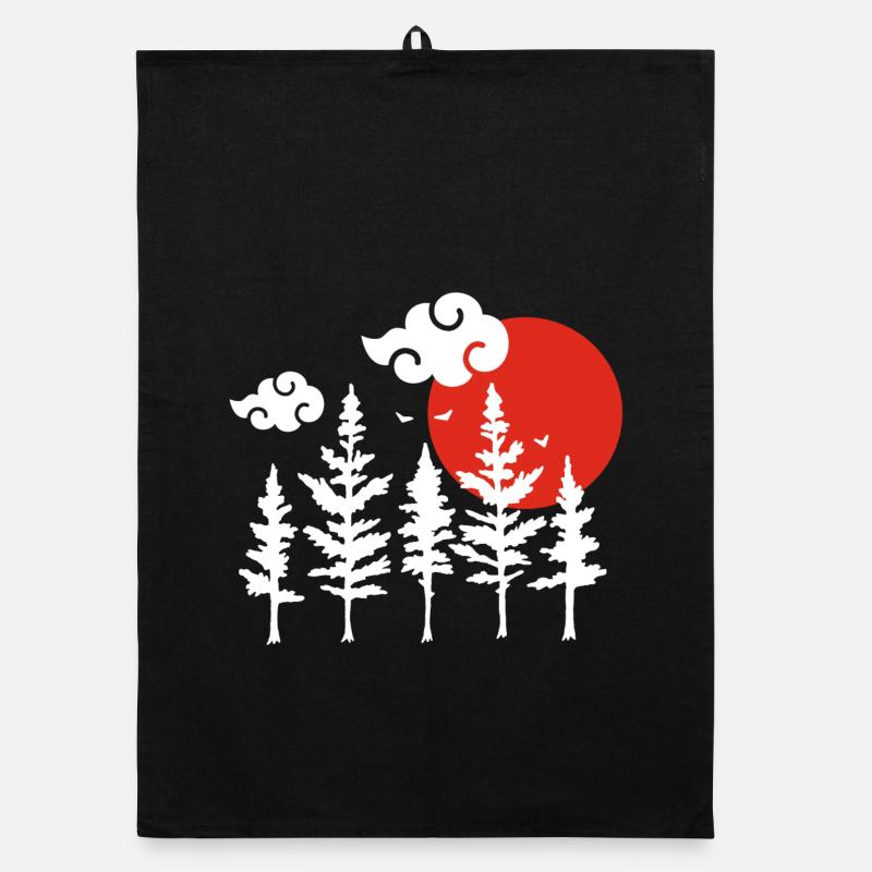 Arbres blancs et soleil rouge Torchon bio
