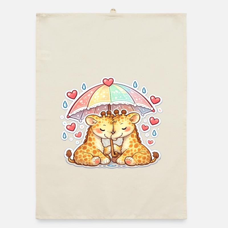 Cuddly giraffes under rainbow Organic dish towel
