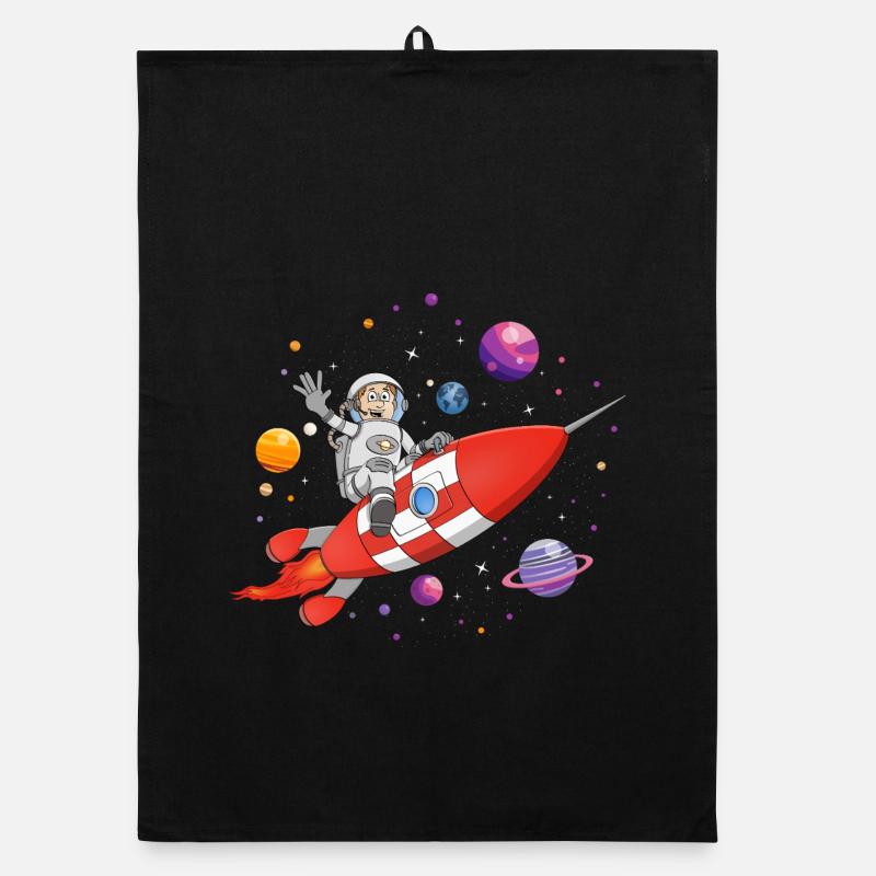 The astronaut and the red rocket in space. Organic dish towel
