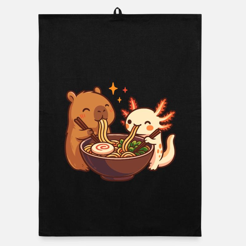 Capybara with Axolotl Eats Noodles Ramen kawaii Organic dish towel
