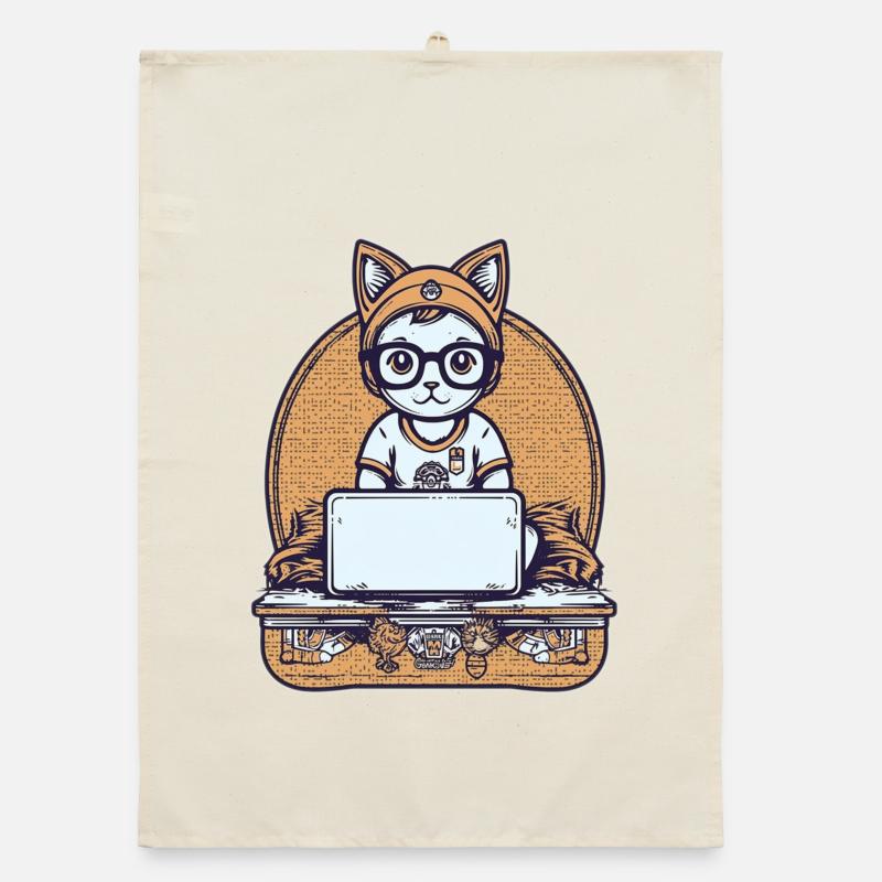 Techy Cat at Desk Organic dish towel