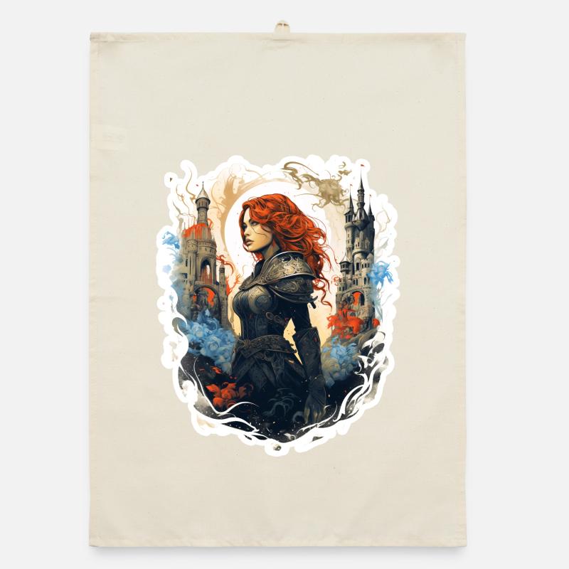Red-haired swordmaster in front of a castle Organic dish towel