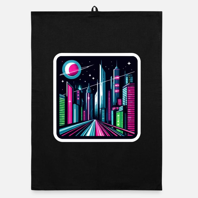 Futuristisches Stadtbild Retro Synthwave Cyberpunk Organic Geschirrtuch