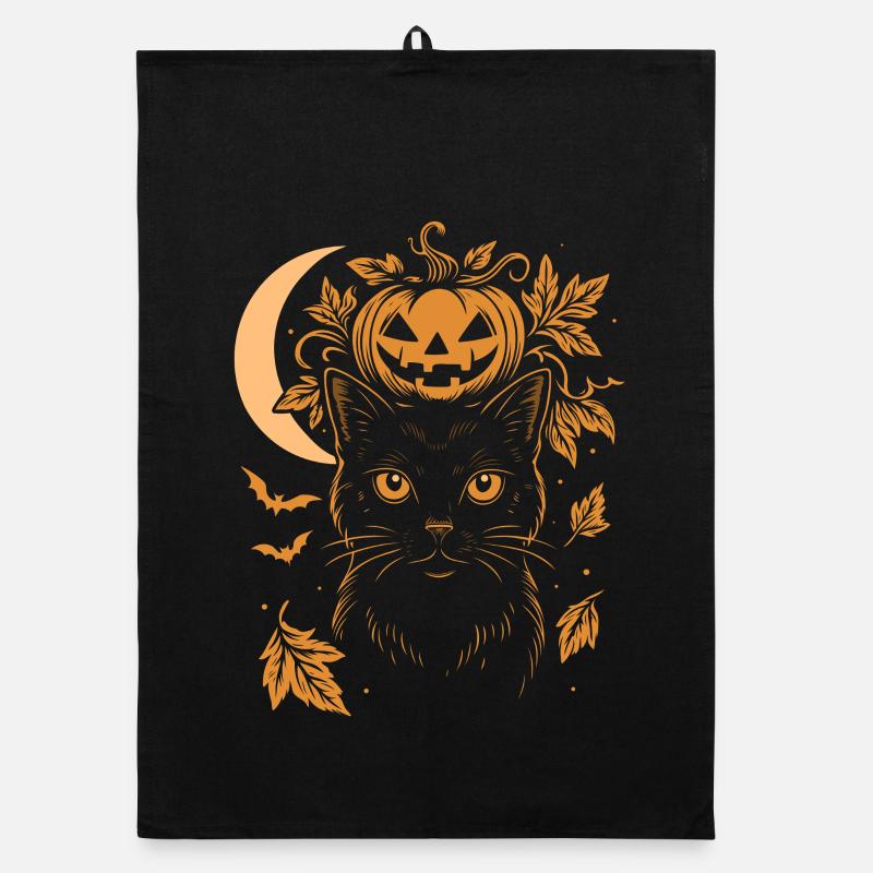 Chat d’Halloween avec citrouille et lune Torchon bio