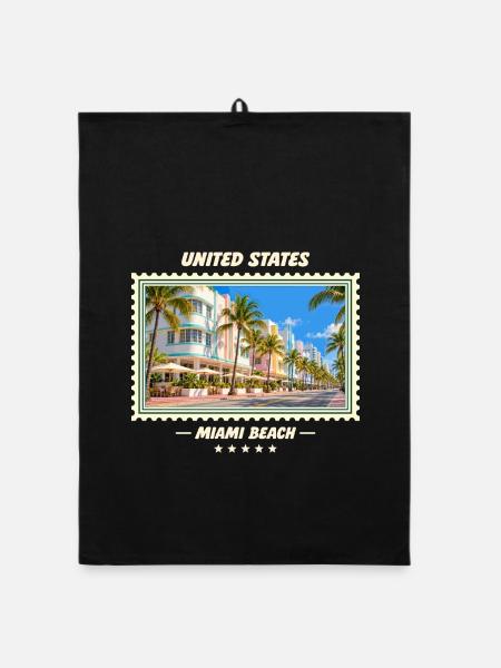 Vereinigte Staaten Miami Beach Vintage Reisemarke - Organic Geschirrtuch - Schwarz - Vorne