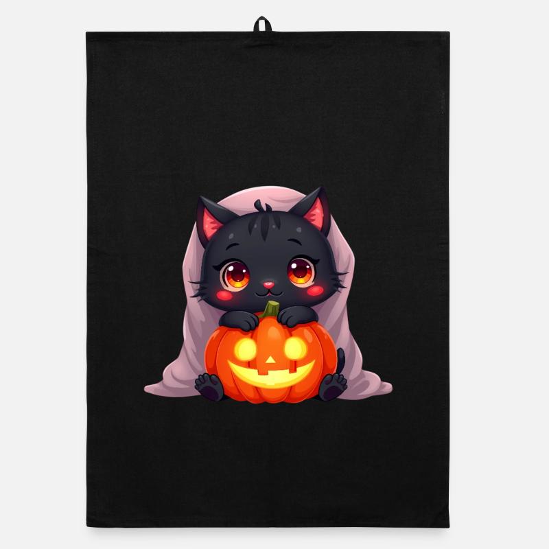 Chat d’Halloween avec citrouille d’Halloween Torchon bio