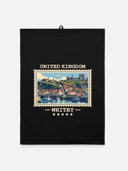 Großbritannien Whitby Vintage Reisemarke - Organic Geschirrtuch - Schwarz - Vorne