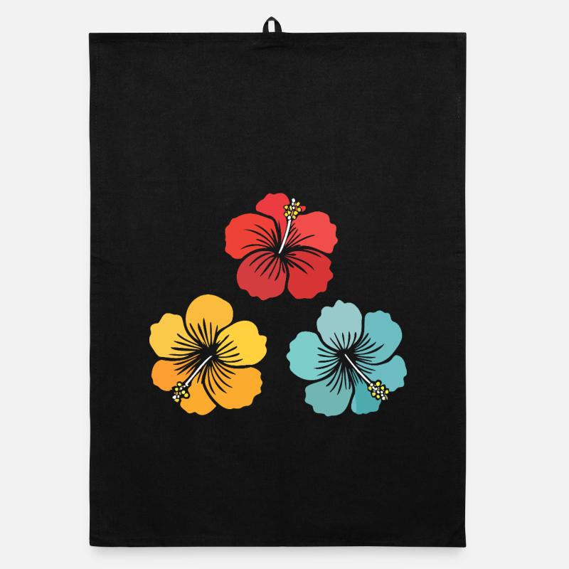 Trio d’hibiscus – Fleurs vintage (rouge, jaune, turquoise) - Torchon bio - noir