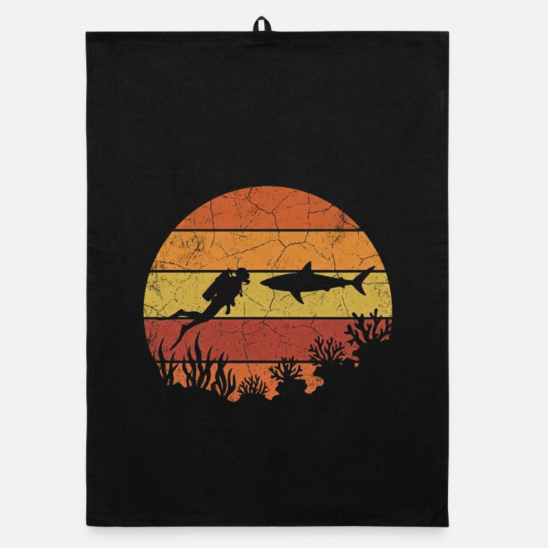 Diver and shark with retro sunset Organic dish towel