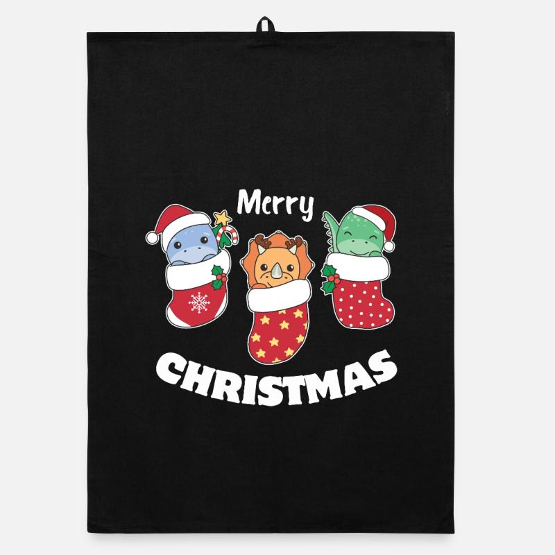 Cute dinosaurs in Christmas socks for Christmas Organic dish towel