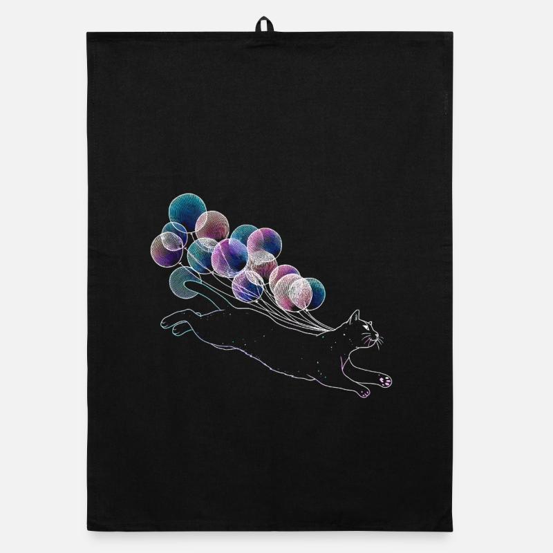 Schwebende Katze mit bunten Ballons Illustration Organic Geschirrtuch