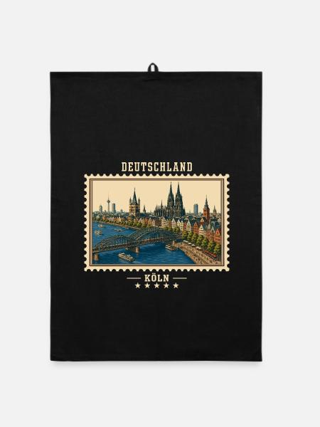Deutschland Köln Vintage Reisemarke - Organic Geschirrtuch - Schwarz - Vorne
