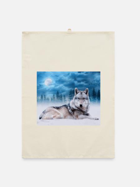Einsamer Wolf / Wölfe Wolf Mond Mondschein Wildtiere - Organic Geschirrtuch - Natur - Vorne