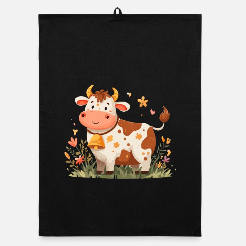Vache avec clochette dans un champ de fleurs Torchon bio