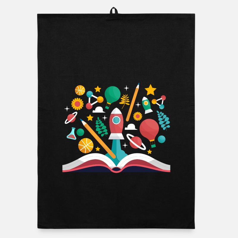 Livre ouvert avec des objets scolaires, apprendre et éduquer Torchon bio