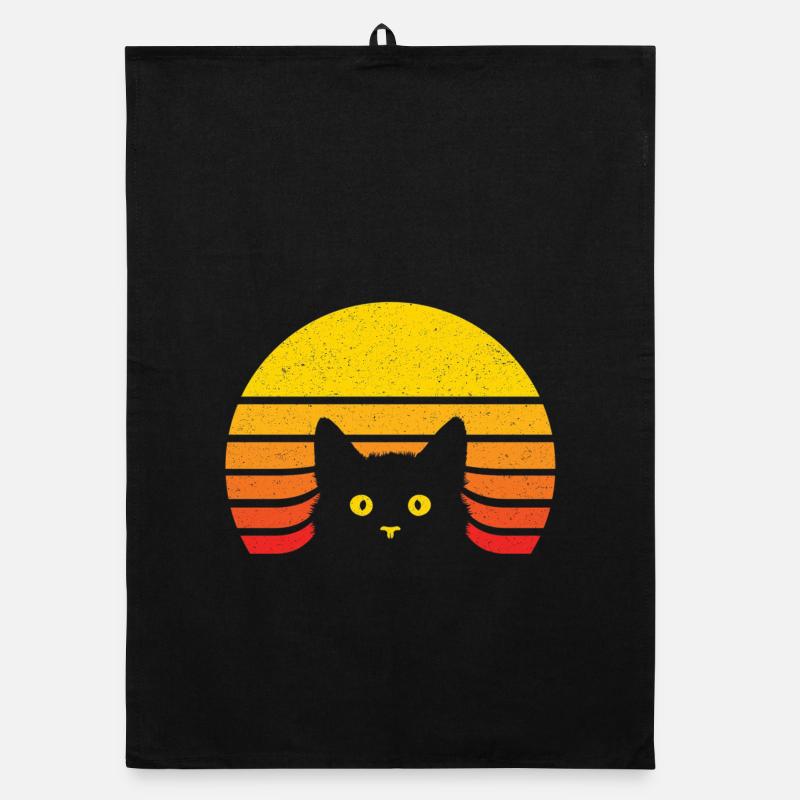 Chat silhouette au soleil rétro - Torchon bio - noir