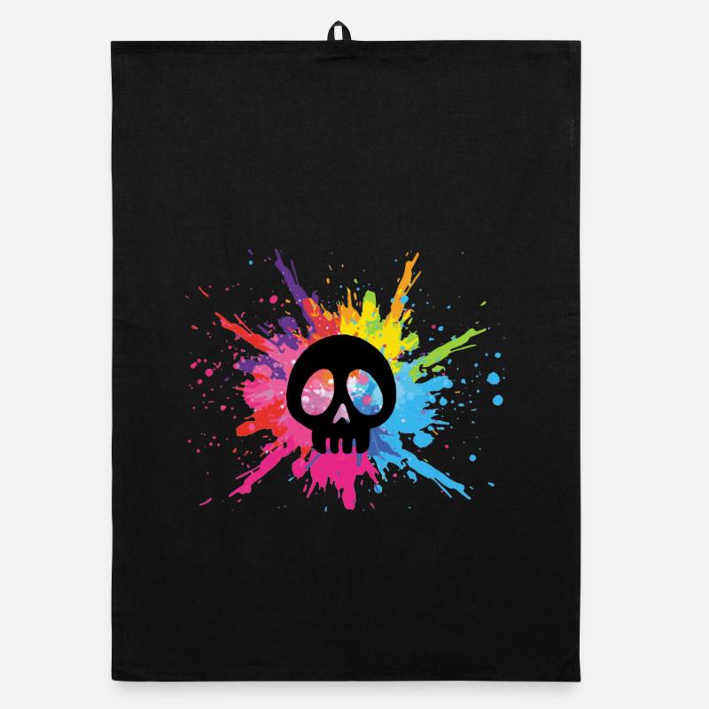 Black skull and multicolored explosion Organic dish towel