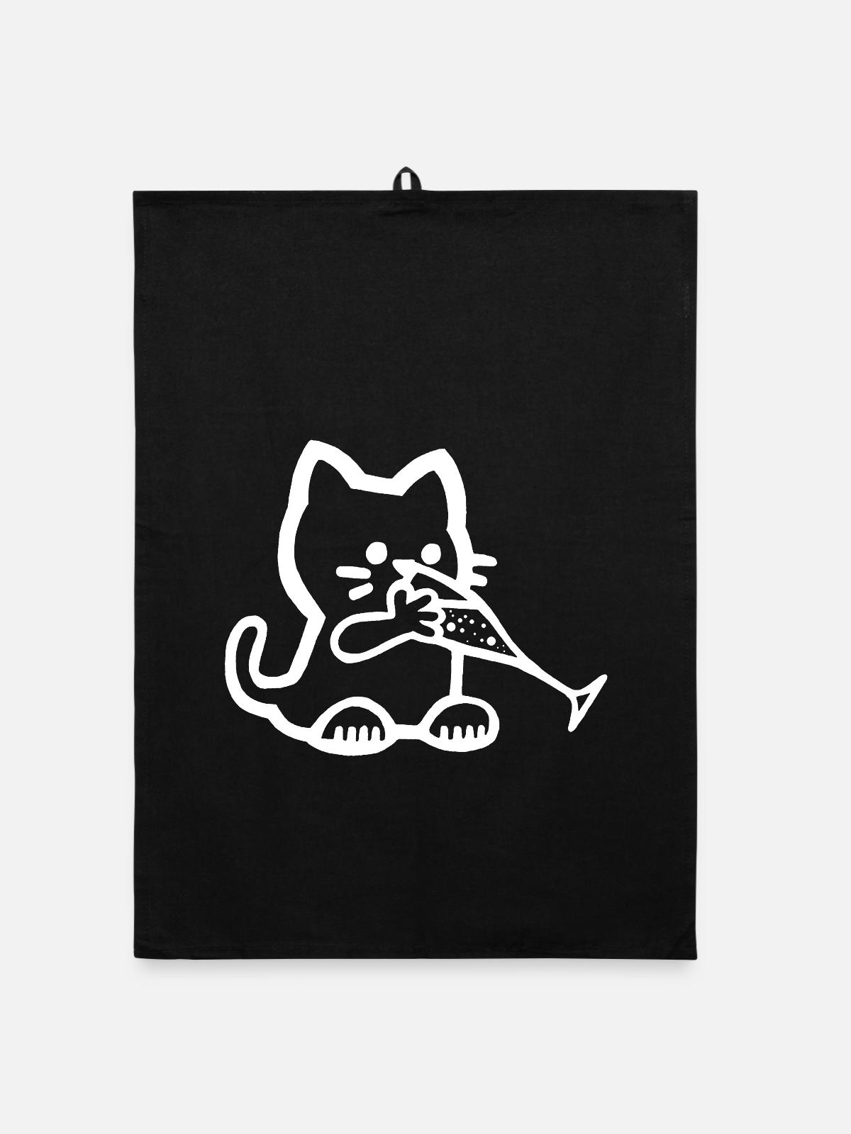 Thirsty Kitten (Weiß) - Organic Geschirrtuch - Schwarz - Vorne