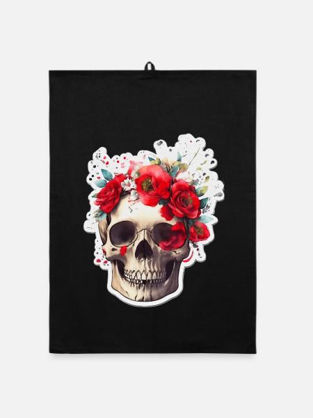 Totenkopf mit roten Blumen - Organic Geschirrtuch - Schwarz - Vorne
