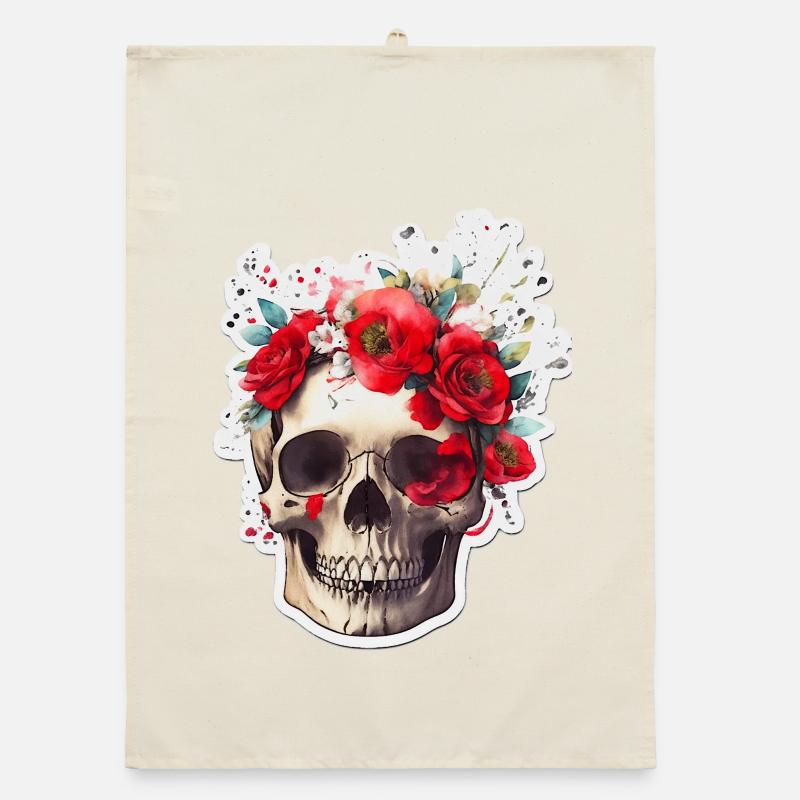 Skull with red flowers Organic dish towel