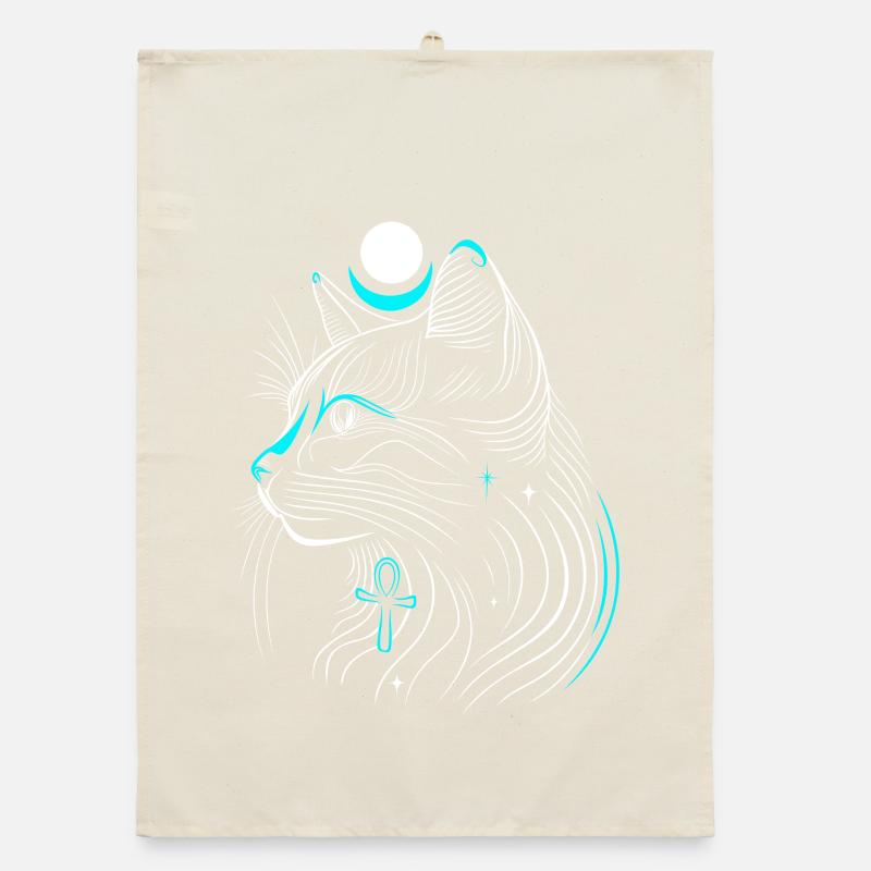 Chat Bastet minimaliste de profil avec lune Torchon bio