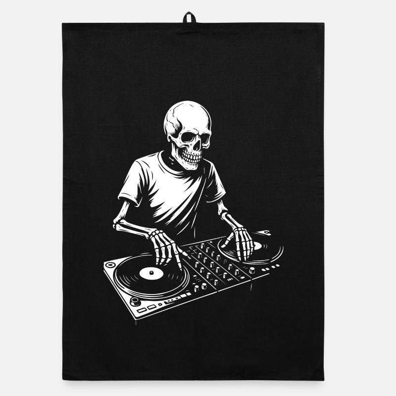 Skeleton DJ on Turntables Organic dish towel