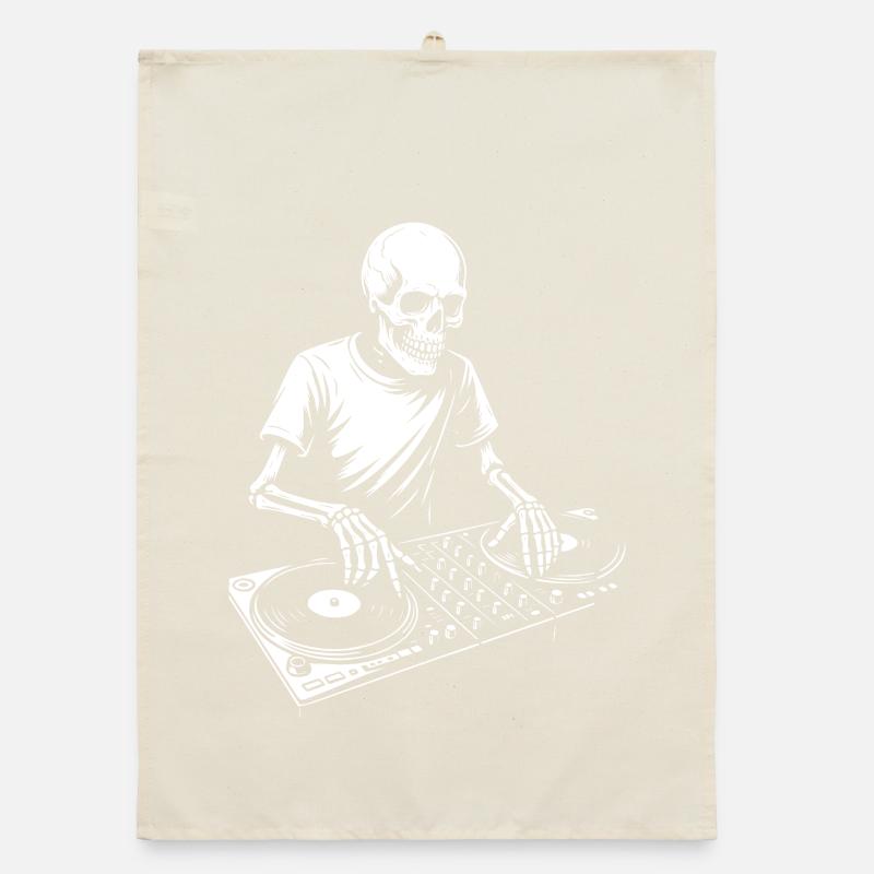 Skeleton DJ on Turntables Organic dish towel