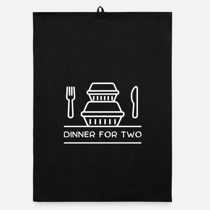 Dinner for two – takeaway boxes, fork, knife. Organic dish towel