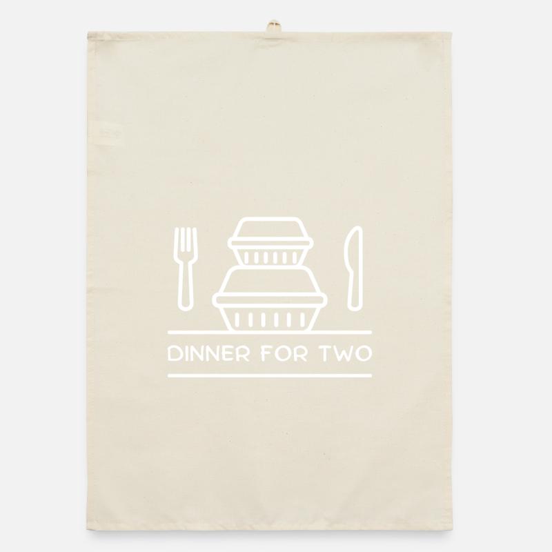 Dinner for two – takeaway boxes, fork, knife. Organic dish towel