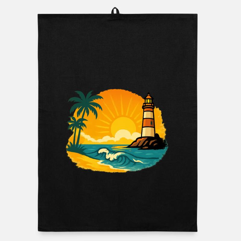 Coucher de soleil avec phare sur une plage tropicale Torchon bio