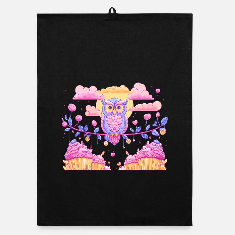 Pastel owl magic over cupcakes Organic dish towel
