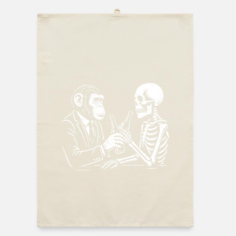 monkey and skeleton drinks beer in the pub. Organic dish towel