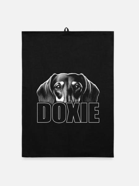 Portrait de teckel avec lettres DOXIE - Torchon bio - noir - Devant